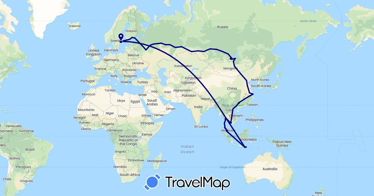 TravelMap itinerary: driving in China, Finland, Indonesia, Cambodia, Mongolia, Malaysia, Russia, Sweden, Singapore, Thailand, Vietnam (Asia, Europe)